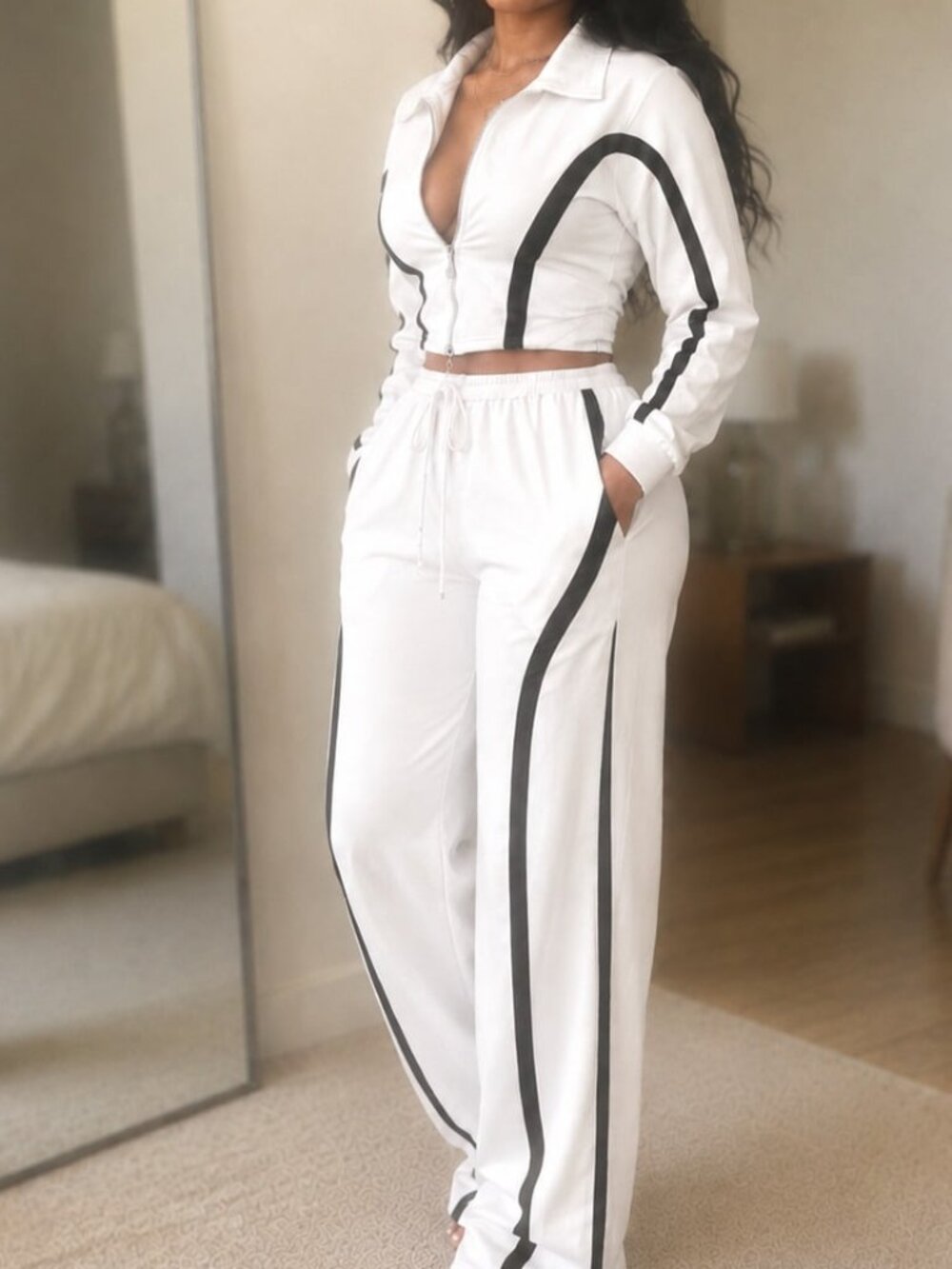 White Casual Women's Zip-Up Tracksuit Set